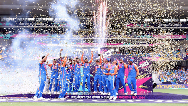 India celebrates winning the ICC Men's T20 World Cup 2024