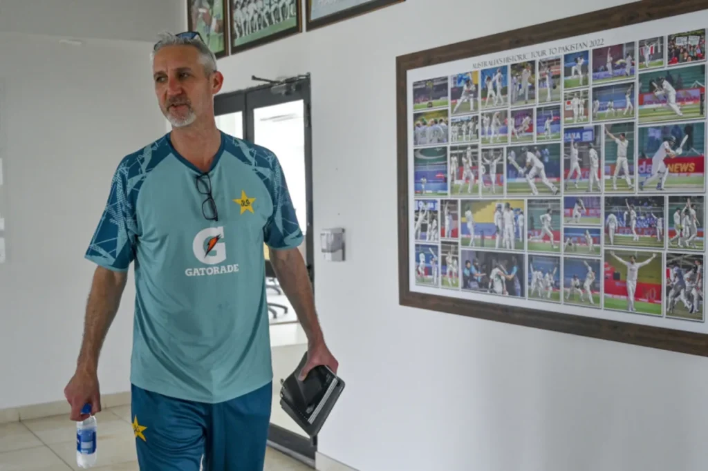 Jason Gillespie at a training session with Pakistan’s Test team, Karachi, July 2024