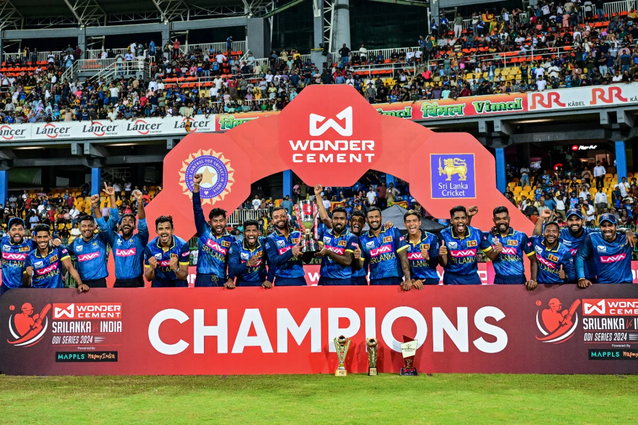 Sri Lankan cricket team celebrating their victory over India in the 3rd ODI at Colombo on August 7, 2024.